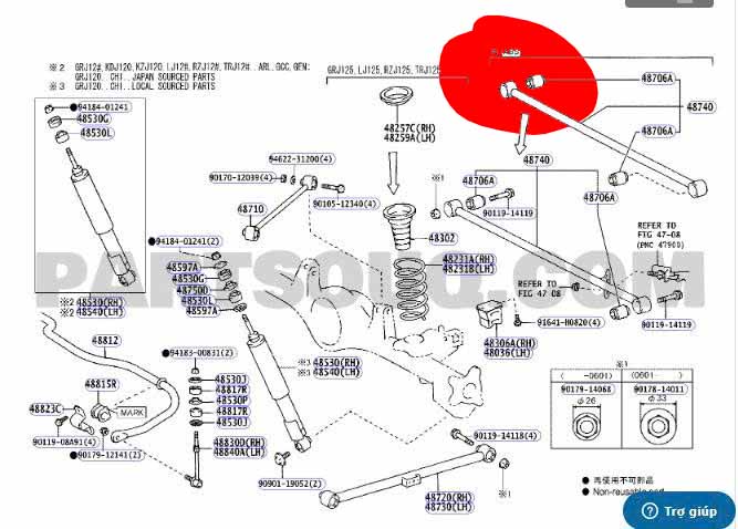 Cao su thanh giằng dọc cầu sau Toyota Prado 2003-2008 4870660060 44*50*1.4
